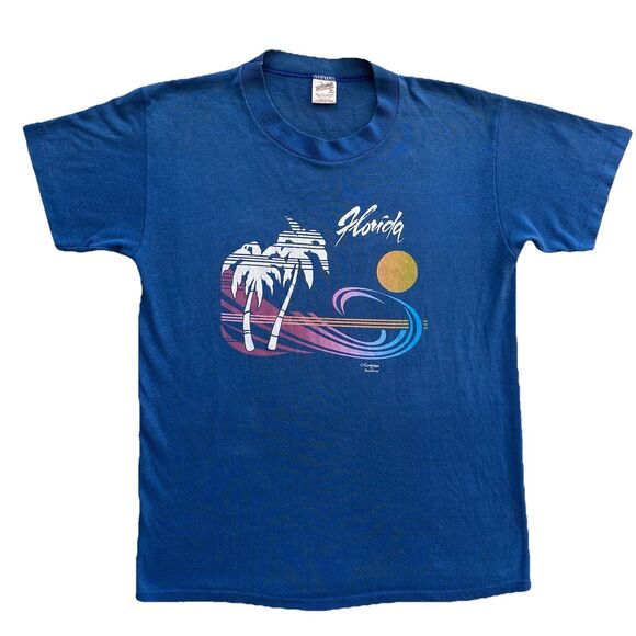 Vintage 80s Coverups By Sunshine Florida T Shirt Medium Blue Beach Vacation Palm - Picture 2 of 6